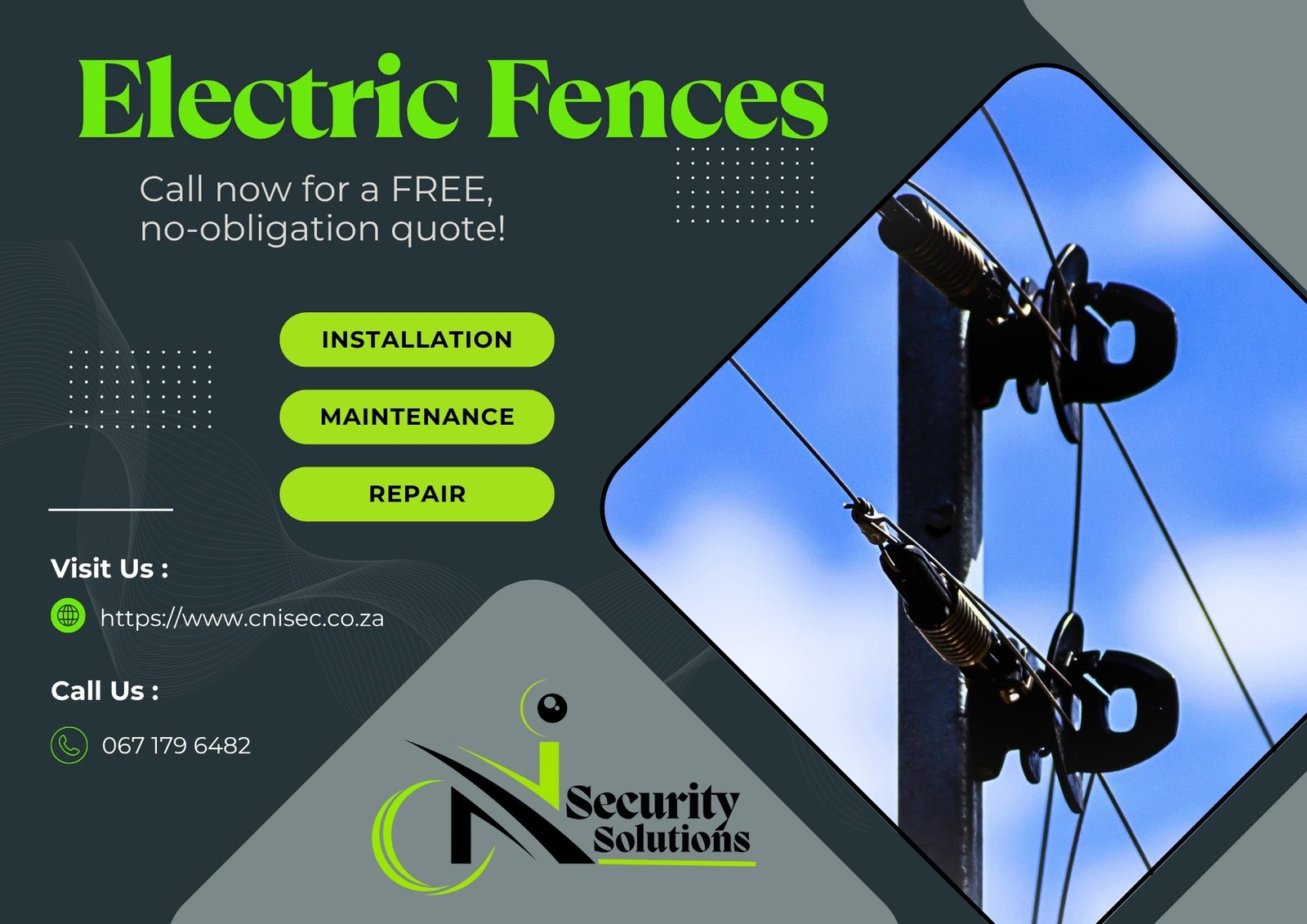 Electric fence insulators mounted on a wooden post against blue sky, promoting CNI Security Solutions electric fence installation, maintenance and repair services