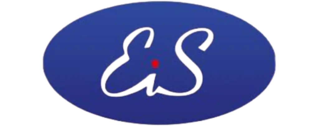 Blue oval logo with white cursive E&S letters and small red dot accent