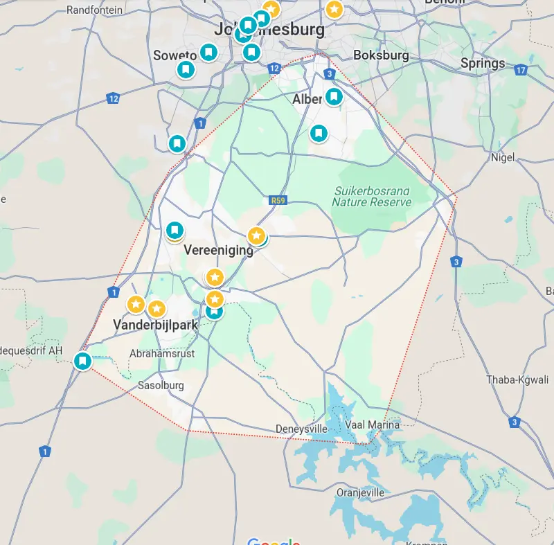 Google Maps showing Johannesburg area with blue and orange location markers indicating service coverage zones around Soweto, Vereeniging, and Vanderbijlpark
